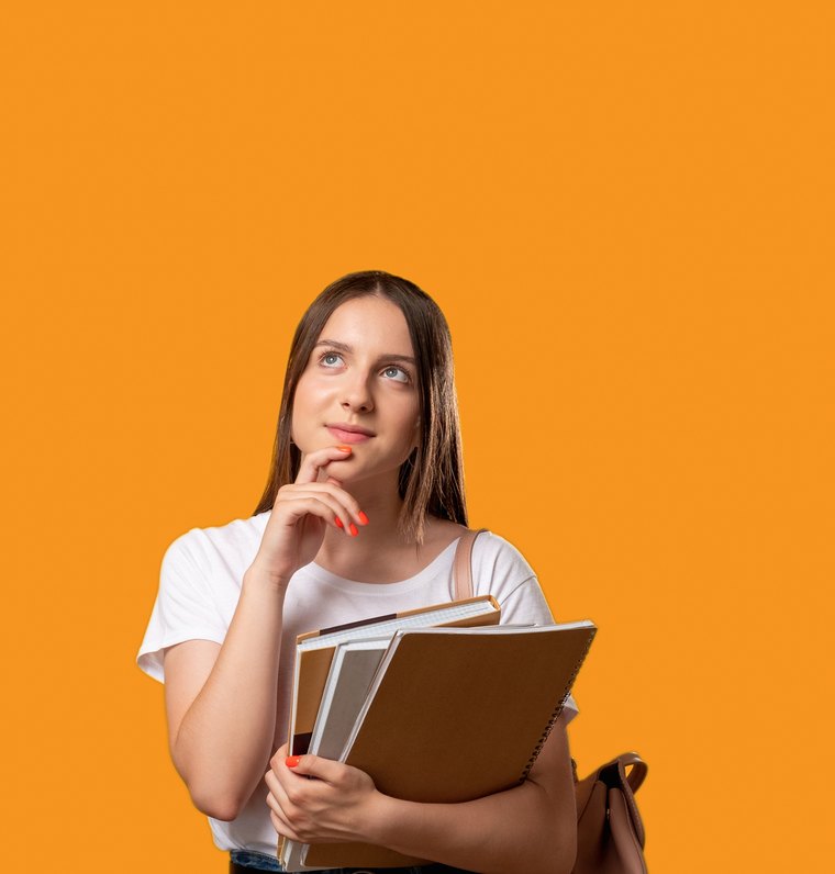A young person holding books, looking up and thinking