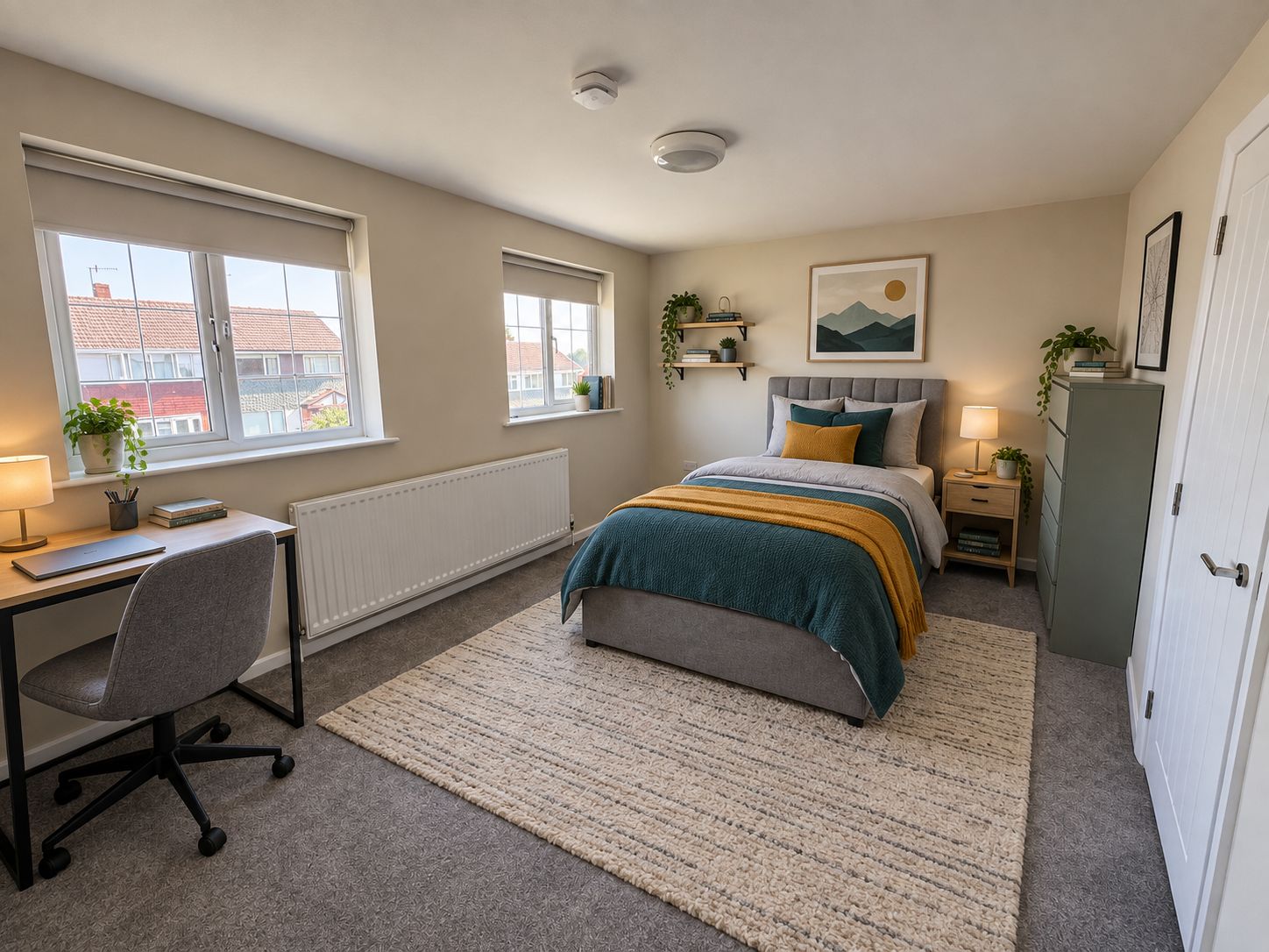 A young person&rsquo;s bedroom, with a desk, shelves and a double bed